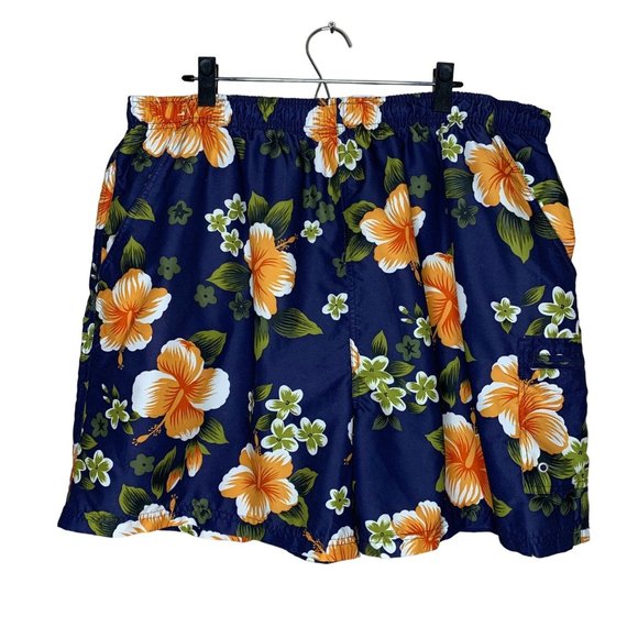 Sand N Sun Swim Trunks Hawaiian Floral Print Navy Blue Orange Lined Pockets 2XL - Picture 1 of 9